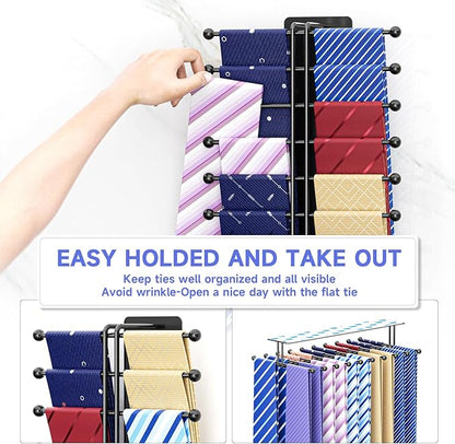 Tie Rack Wall Mounted, Tie Organizer for Men, Tie Rack Hanger for Closet Metal, Adhesive Tie Holder Organizer with 20 Hooks, Tie Storage for Wall Bedroom Living Room Dresser Room (Black)