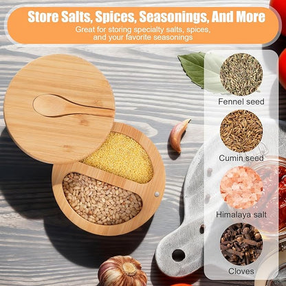 SHENLIU 2 Pack Acacia Wood Salt and Pepper Bowl Box, Built-in Spoon, 2 & 3 Compartments Spices Seasoning Container, Sea Salt Cellar Holder, Magnetic Swivel Lid Bamboo Salt Box for Salt Sugar Pepper