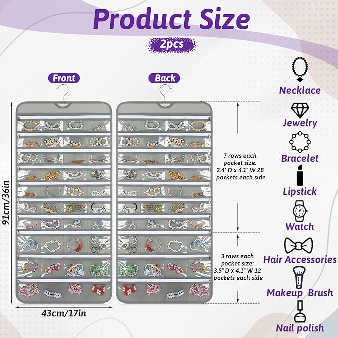 2 Pack Hanging Jewelry Organizer with 80 Zippered Pockets, Dual-Sided Dustproof Foldable for Travel, Accessories Organizer for Holding Jewelries, Earring Organizers and Storage