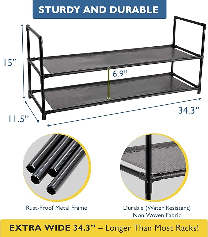 Sundaze Shoe Rack - 2 Tier Shoe Rack for Front Door Entrance, Sturdy Long Shoe Organizer for Closet, Bedroom, Entryway, Garage, Non Woven Fabric Shelf, Black, Holds Up to 10 Pairs