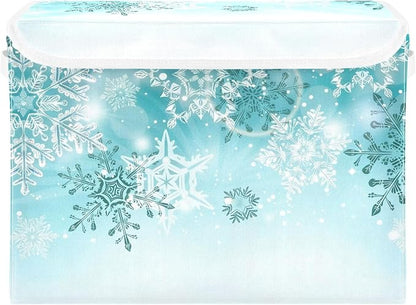 Senya Collapsible Storage Bins with Lids, Silver Winter Teal Turquoise Snowflakes Christmas Storage Boxes Clothes Baskets for Organizing