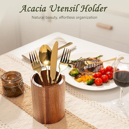 Criusia Utensil Holder 2 Pack, 360° Rotating Acacia Wood Cooking Utensil Crocks for Kitchen Counter, Farmhouse & Modern Decor, (1 Large,1 Small)
