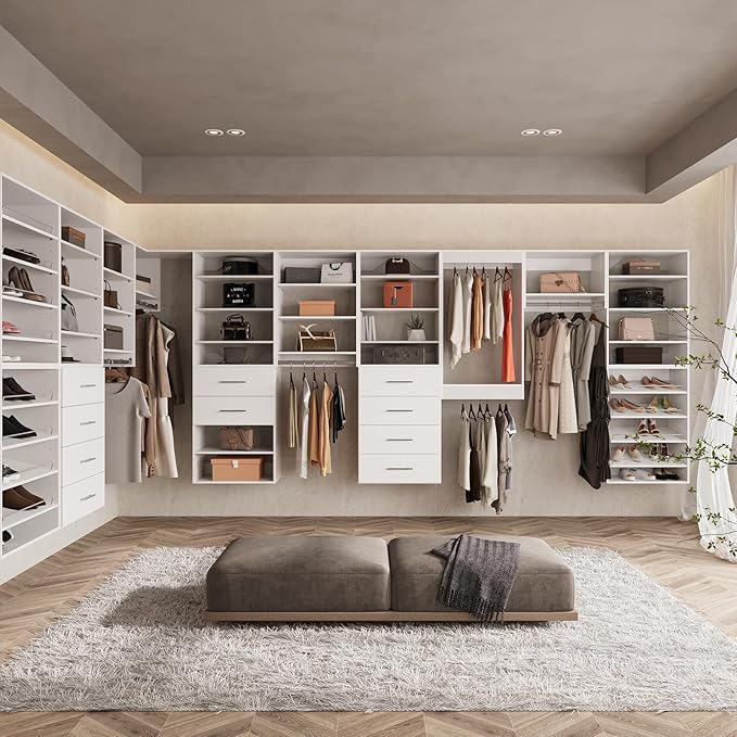 ROOMTEC Modular Closet System, 102" Wall Mounted Modern Closet Organizer with Hanging Rods and Shoe Shelf, Wooden Tower for Walk-In Closets, Wardrobe Storage Kit, White