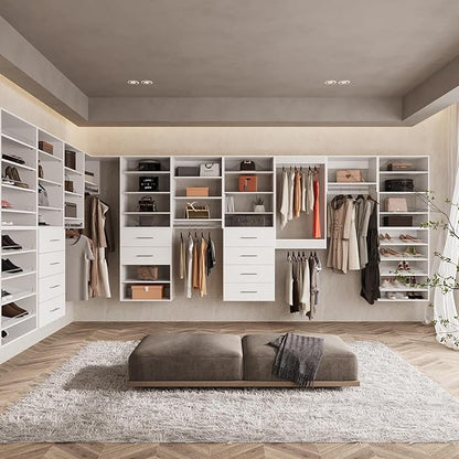 ROOMTEC Modular Closet System, 58" Wall Mounted Closet Organizer with Hanging Rods and Shoe Shelf, Wooden Tower for Walk-In Closets, Wardrobe Storage Kit, White
