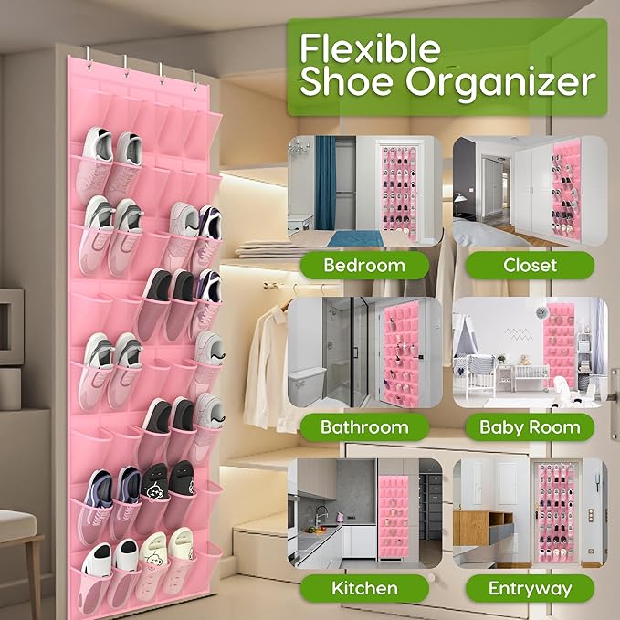 Over the Door Shoe Organizer with 40 Large Breathable Mesh Pockets, Space Saving Shoe Holder, Hanging Shoe Rack for Entryway Bedroom Closet Storage (Pink, 40 Pockets)