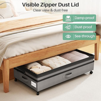 Kitstorack 4 Pack Height-adjustable Under Bed Storage with Wheels, Under Bed Storage Containers,Under Bed Shoe Storage Organizer with Clear Window&Label, Suitable for Clothes Storage, Gray