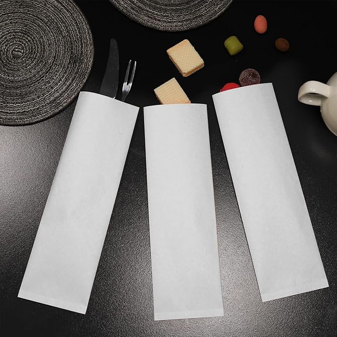 300 Pcs Paper Silverware Bags 10" x 3" Kraft Pretzel Rod Churro Paper Lunch Bags for Restaurant Flatware Holder Chopsticks Holder Wedding Party Tableware (White)
