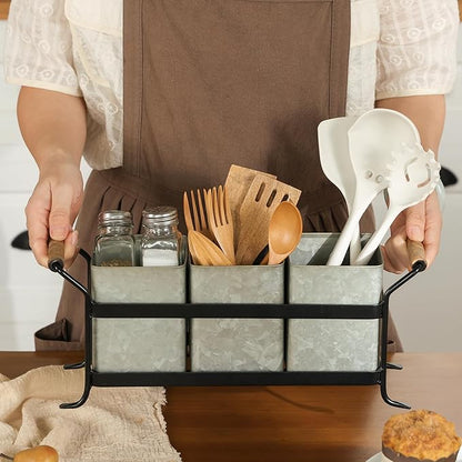Silverware Caddy for Party Kitchen Flatware Holder for Countertop Farmhouse Galvanized Cutlery Organizer with 3 Compartments for Utensils, Spoons, Knives, Forks, Cups