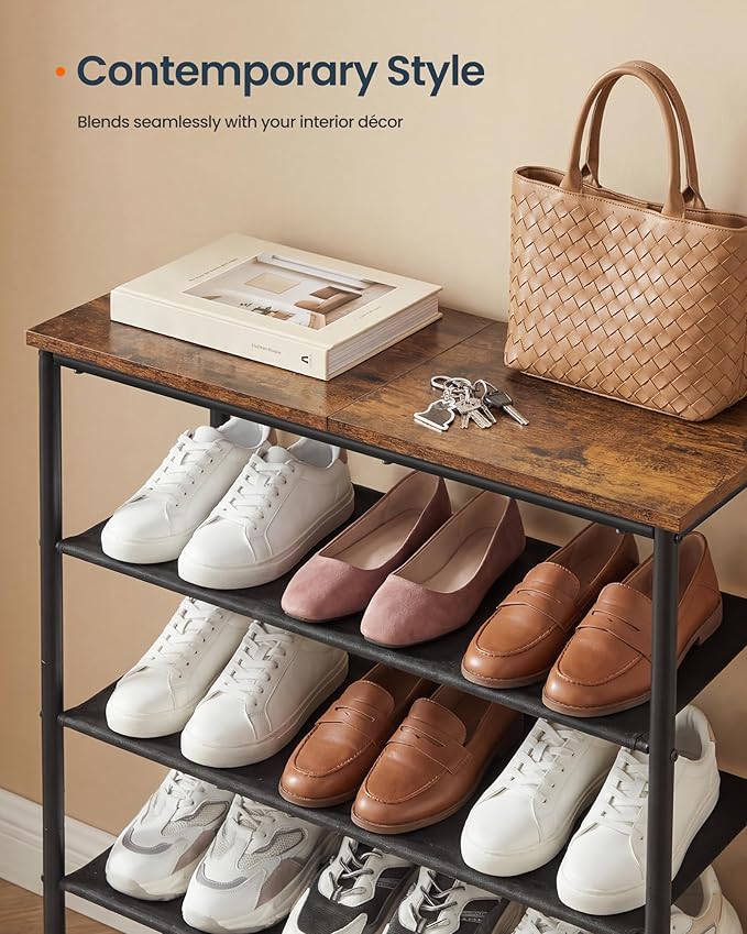 SONGMICS HOME 4-Tier Shoe Rack, Free Standing Shoe Storage Organizer, 12 x 29.7 x 28.2 Inches, Metal Frame with Top Surface for Closet Entryway, Rustic Brown and Black