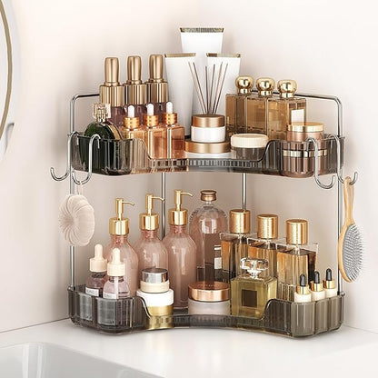 Corner Counter Organizer, 2-Tier Bathroom & Kitchen Storage Tray with Hooks | Clear Vanity Organizer for Skincare, Makeup & Jewelry