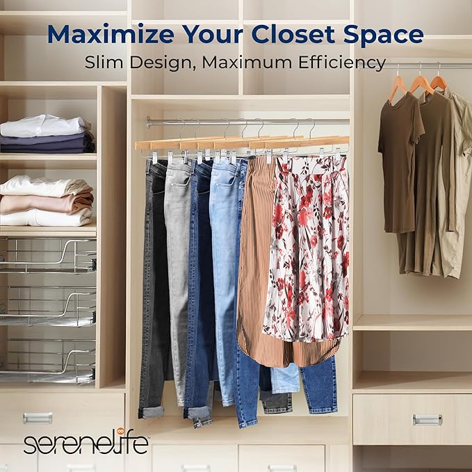 SereneLife Wooden Pants Hangers, 30-Pack Hangers with Adjustable Clips and Anti-Rust Swivel Hook, Space-Saving Pant Organizer for Closet, Ideal for Jeans, Slacks, Shorts, Trousers, Skirts (Natural)
