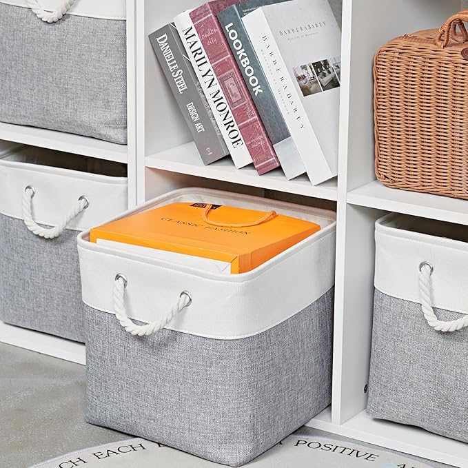 MidmmVick 12 x 12 Inch Cube Storage Bins, 6 Pack Large Collapsible Fabric Storage Bin with Ropes, Foldable Storage Cubes for Home, Office,Closet, Clothes, Toys Organizer (White & Grey)