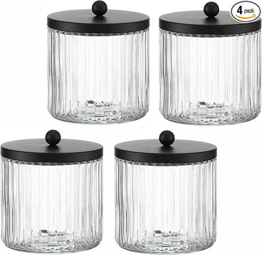 KMwares 4-Pack Glass Qtip Holder Dispenser Set for Cotton Ball, Swab, Round Pads, Floss Picks - Bathroom Canister Storage Organization and Vanity Makeup Organizer(Clear-4)