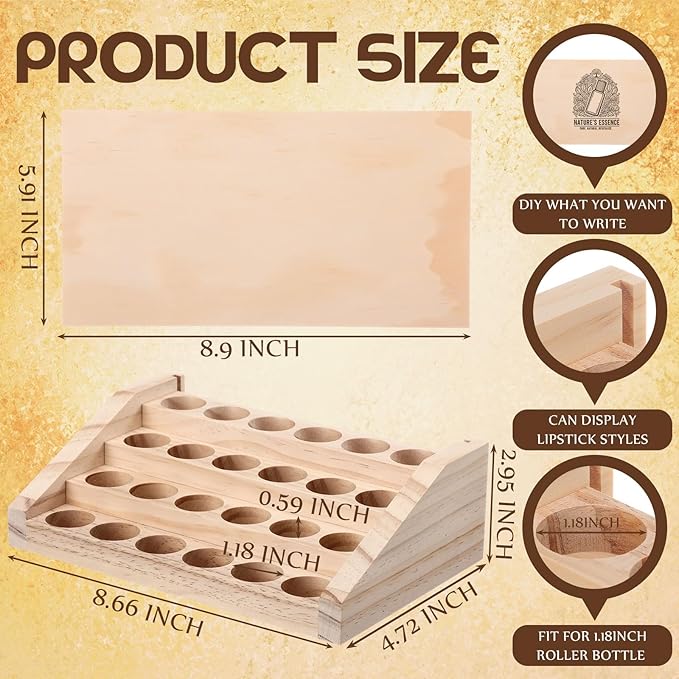 AceOrbit 4 Tier 24 Slots Wooden Essential Oil Organizer with Detachable DIY Board 5-20ml Essential Oils Racks Display Stand Roller Bottle Display Tabletop Storage for Nail Polish Fragrance Container