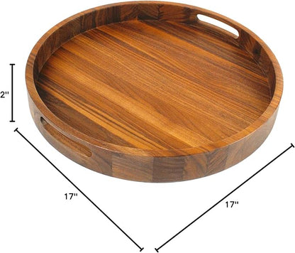 Virginia Boys Kitchens Round Serving Tray – 16.5 Inch Walnut Wood Platter with Handles - Perfect for Serving or Centerpiece Display on Ottoman and Coffee Table