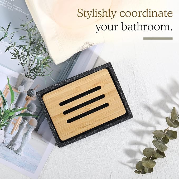 Luxspire Bamboo Soap Dish, Resin Soap Holder with Drainage, Wooden Soap Dish for Shower, Bathroom, Sink, Kitchen and Countertop, Gravel Black