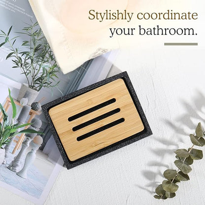 Luxspire Bamboo Soap Dish, Resin Soap Holder with Drainage, Wooden Soap Dish for Shower, Bathroom, Sink, Kitchen and Countertop, Gravel Black