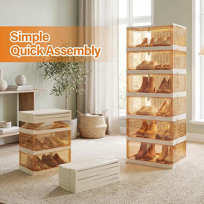 Shoe Rack Organizer for Entryway/Closet,Stackable Magnetic-Door Shoe Boxes,Foldable Space-Saving Sneaker&Boot Containers,Thichen&Sturdy Plastic Cabinet 4 Tiers 8 Pairs,Taupe