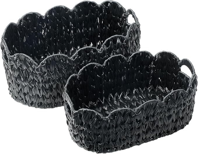 Coeusy Wicker Scalloped Basket Set of 2,Woven Storage Baskets for Shelves,Closet,Laundry,Gift,Towels,Books,Toys,Waterproof Decor Basket for Organizing,Black Oval