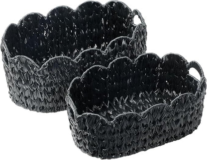 Coeusy Wicker Scalloped Basket Set of 2,Woven Storage Baskets for Shelves,Closet,Laundry,Gift,Towels,Books,Toys,Waterproof Decor Basket for Organizing,Black Oval