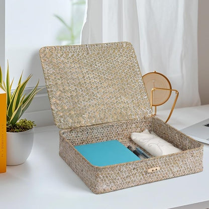 Moosky Flat Wicker Shelf Baskets with Lid, Seagrass Woven Basket Boxes for Storage Basket Bins Multipurpose Home Decor Organizer (Whitewash Set of 2)