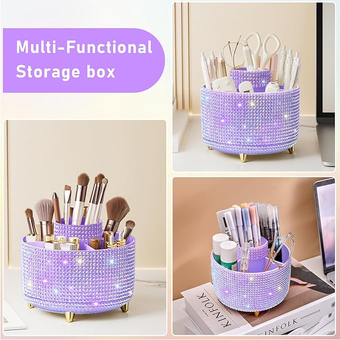 Diesisa Bling Diamond 360° Makeup Brush Holder Organizer, Rotating Makeup Brush Organizer,5 Slot Make up Brushes Cup for Cosmetics, Vanity Desktop Organizer, Gift for Women Teen Girls- Diamond Purple