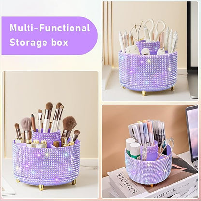 Diesisa Bling Diamond 360° Makeup Brush Holder Organizer, Rotating Makeup Brush Organizer,5 Slot Make up Brushes Cup for Cosmetics, Vanity Desktop Organizer, Gift for Women Teen Girls- Diamond Purple