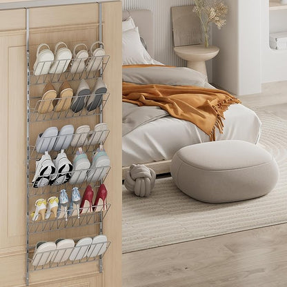 SWTYMIKI Over the Door Shoe Organizer - Adjustable 6 Tier Hanging Shoe Rack Organizer, Metal Heavy Duty Behind Door Storage or Wall Mount Shoes Shelf for Flats, Heels, Sneakers, Boots, Silver