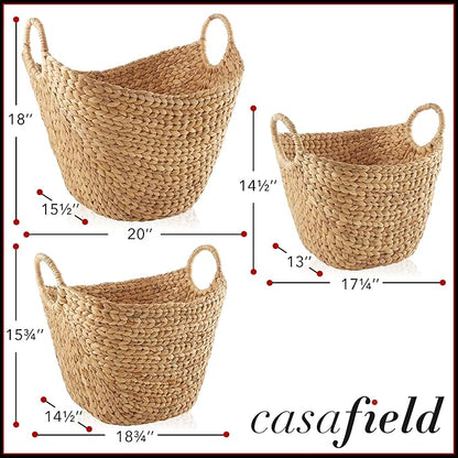 Casafield Set of 3 Multipurpose Boat Baskets with Handles - Natural, Woven Water Hyacinth Storage Organizers for Throw Blankets, Bedroom, Laundry