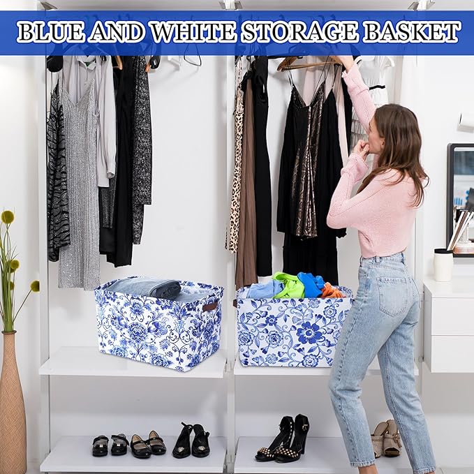 Geelin 3 Pack Blue and White Chinoiserie Storage Baskets, Large Foldable Decorative Storage Bins with Handles, Blue Floral Canvas Organizer Boxes for Closet Shelf Nursery Bedroom Home Organization