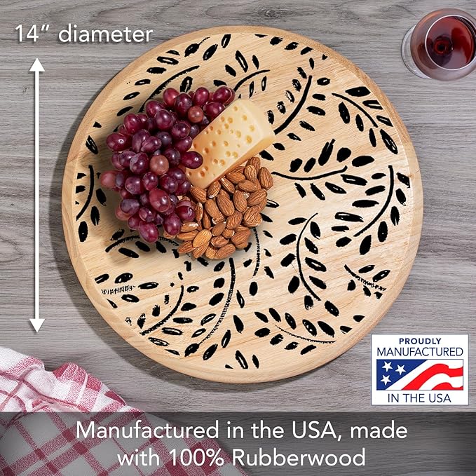 CounterArt Black Leaves Decorative Round Natural Wood Lazy Susan Turntable 14" Diameter Condiment Caddy, Cheese Server, Cake Plate, Spice Organization