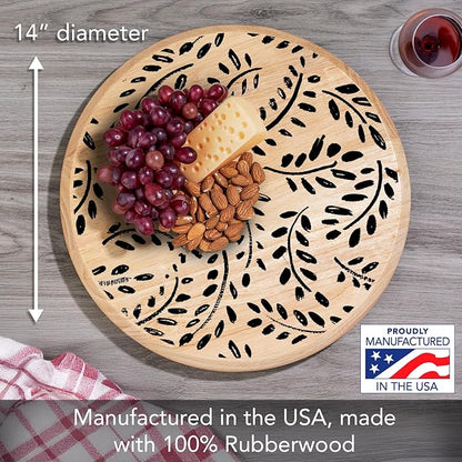 CounterArt Black Leaves Decorative Round Natural Wood Lazy Susan Turntable 14" Diameter Condiment Caddy, Cheese Server, Cake Plate, Spice Organization