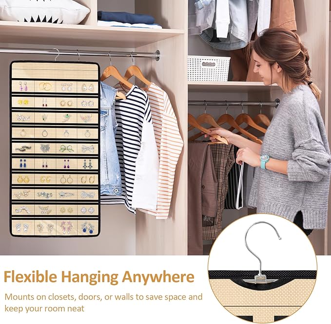 Hanging Jewelry Organizers and Storage, Double-Sided Jewelry Necklace Holder for Jewelries, Earrings, Accessories, Rings on Closet, Door, Wall (1,Beige)