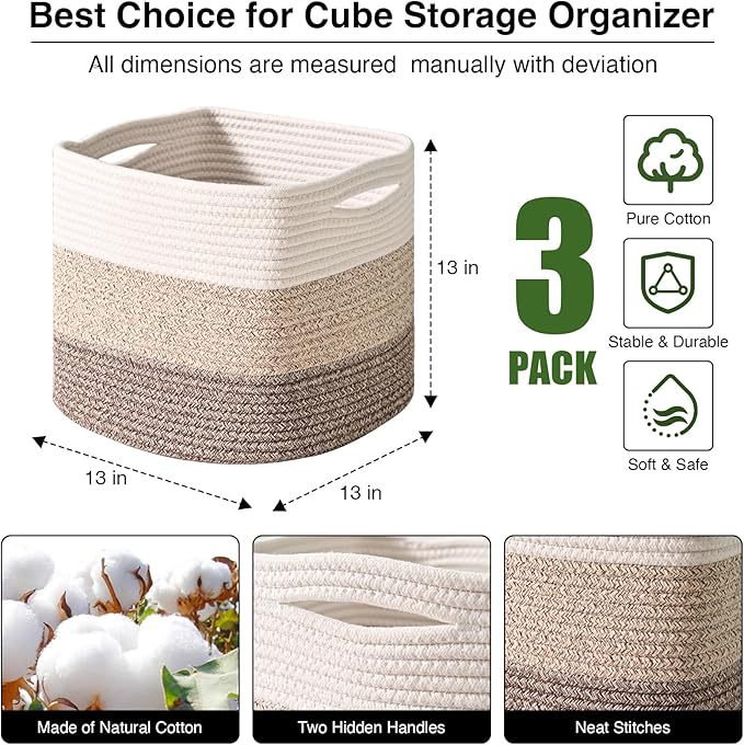 ICERZCZ 13 Inch Cube Closet Storage Bins, Woven Cotton Rope Organizer Baskets for Organizing & Shelves, Books, Towels, Clothes, Toys, 13x13x13 in, Gradient Brown (Pack of 3)