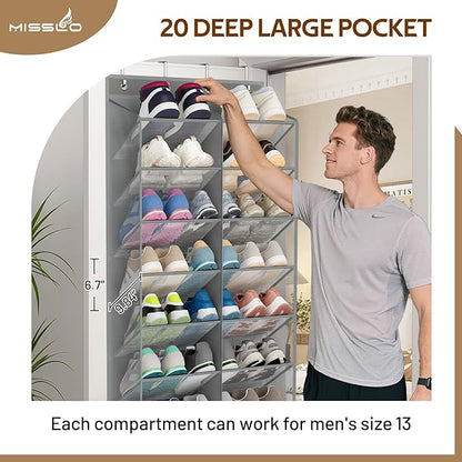 MISSLO 30 Pairs Over the Door Shoe Organizer Breathable Mesh Hanging Shoe Rack for Closet Storage with Wide Deep Pockets 10 Tier Shoes Holder Fit All the Family's Sneakers, Boots, Heels (Grey, 71")