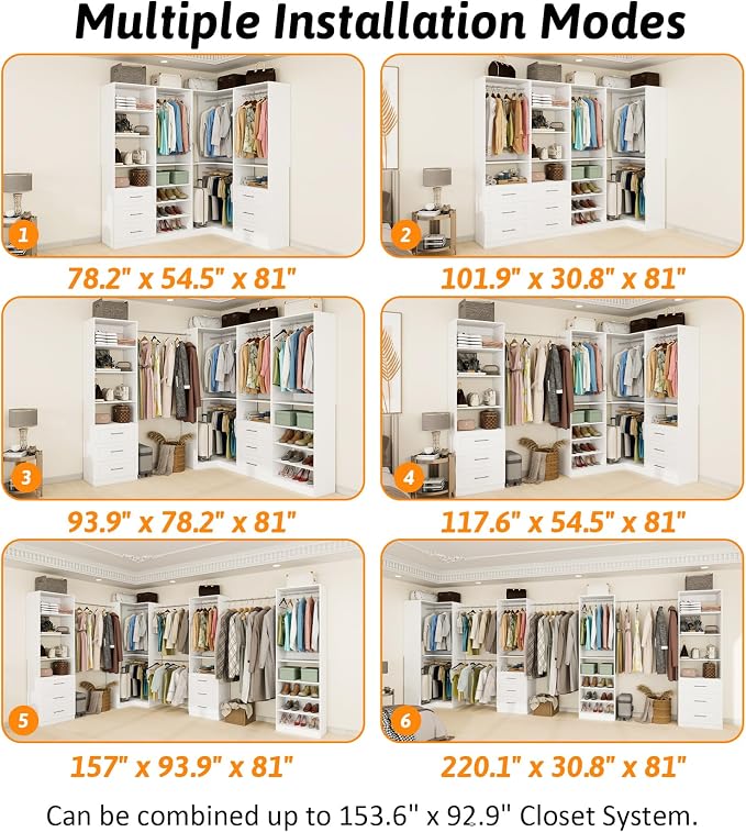 Vomavex Closet System with 4 sets, 101.9" Closet Organizer Systems with 6 Drawers & 8 Hanging Rods & Adjustable Shelves, Walk in Closet Standing Closet System, Corner Closet System Set, White