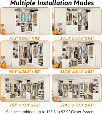 Vomavex Closet System with 4 sets, 101.9" Closet Organizer Systems with 6 Drawers & 8 Hanging Rods & Adjustable Shelves, Walk in Closet Standing Closet System, Corner Closet System Set, White