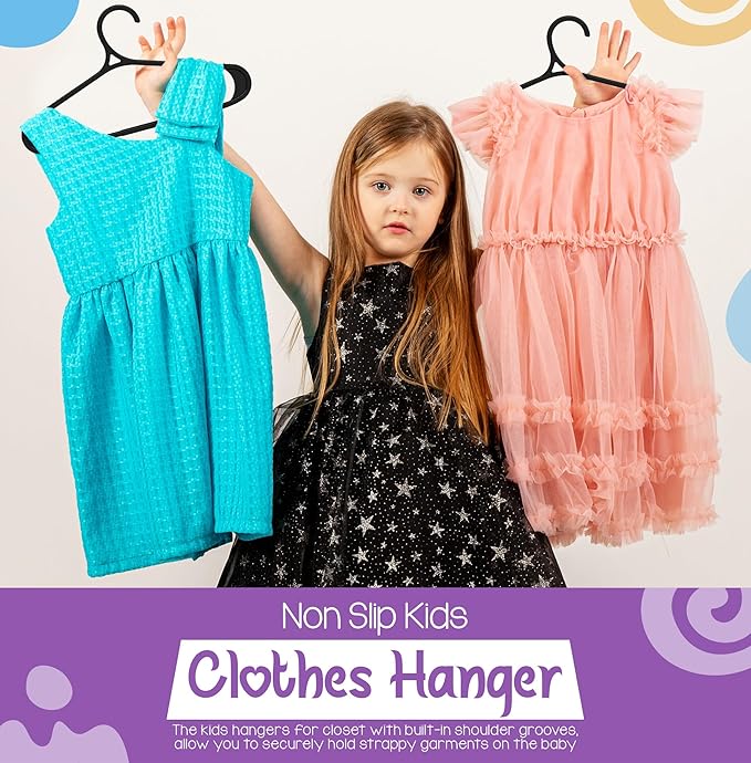 Utopia Home Kids Hangers 60 Pack - 11 Inch Plastic Baby Hangers for Closet - Childrens Hanger for Clothes & Infant Hanger for Closet - Non-Slip Shoulder Grooves, Strap Hooks & Pants Bar (Black)