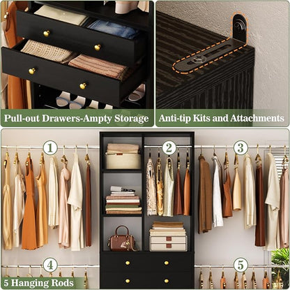 Besiost Closet System, 4.2–8.8 FT Closet Organizer with 2 Wooden Drawers and Shelves, Walk-in Closet System with 5 Hang Rods, Built-in Closet Tower, Can Fit 60 to 96 inch, Black