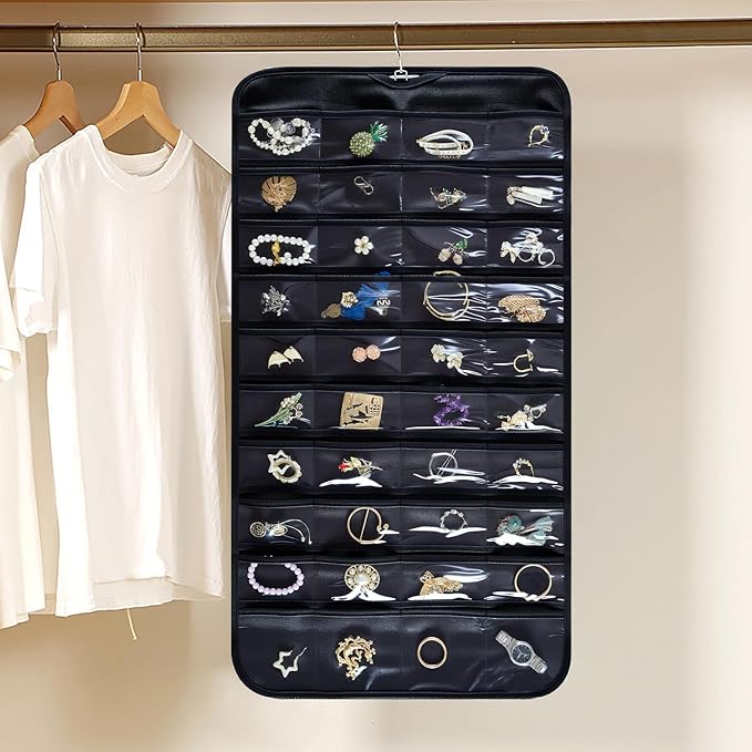 Hanging Jewelry Organizer Storage Roll with Hanger Metal Hooks Double-Sided Jewelry Holder for Necklaces, Earrings, Rings on Door, Wall, Closet, 80 Pocket Organizer,Black