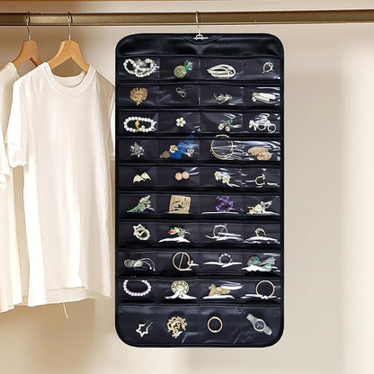 Hanging Jewelry Organizer Storage Roll with Hanger Metal Hooks Double-Sided Jewelry Holder for Necklaces, Earrings, Rings on Door, Wall, Closet, 80 Pocket Organizer,Black