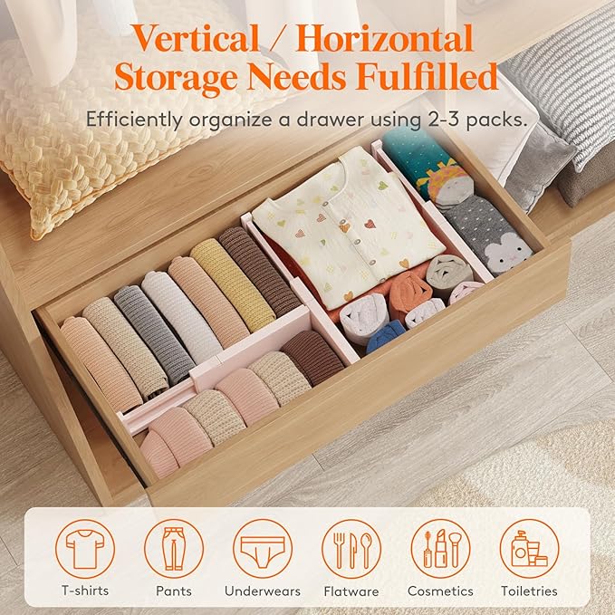 Lifewit 9 Pack Drawer Dividers 4" High 28-43.5cm/11-17" Adjustable Drawer Organizer for Clothes/Utensils, Expandable Drawer Separator in Dresser/Kitchen/Bedroom/Office Organization & Storage Pink