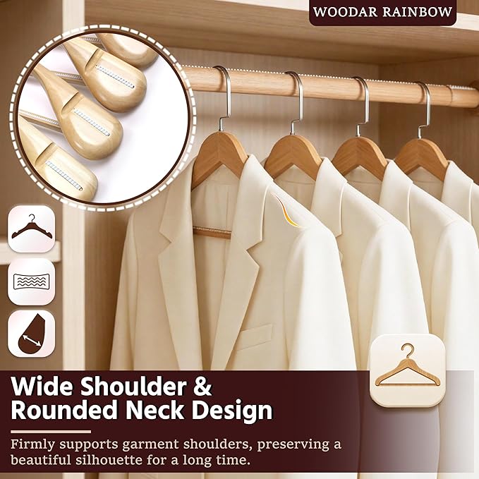 Luxury Wide Shoulder Wooden Coat Hangers with Anti Slip Pants Bar, Solid Wood Thick Jacket Hangers Smooth Finish for Sweater Dress Pants Sport Coats (Natural, 6 Pack), 360° Swivel Pearl Nickel Hook