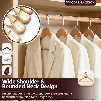 Luxury Wide Shoulder Wooden Coat Hangers with Anti Slip Pants Bar, Solid Wood Thick Jacket Hangers Smooth Finish for Sweater Dress Pants Sport Coats (Natural, 6 Pack), 360° Swivel Pearl Nickel Hook
