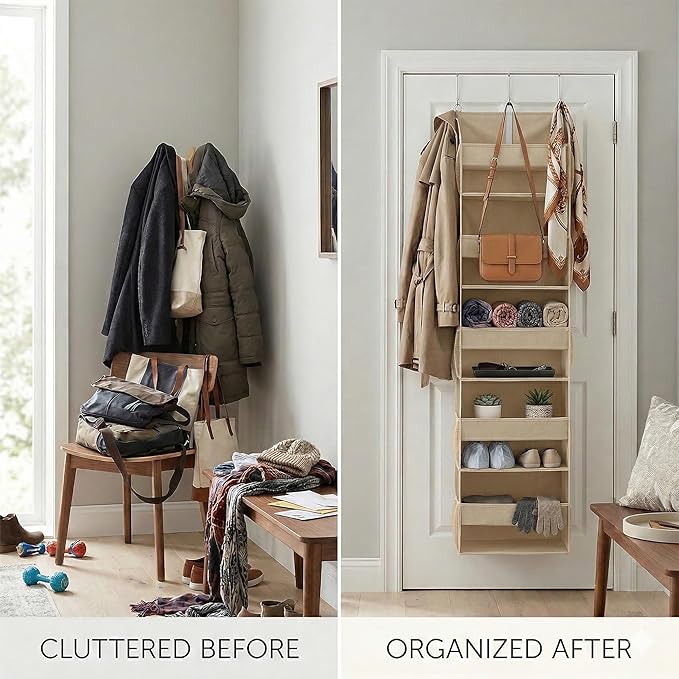 Over the Door Organizer with Toiletry Bag - 5 Shelf Hanging Organizer with 5 Large Pockets - Heavy Duty Storage for Bedroom, Bathroom, Pantry, Nursery (Beige)