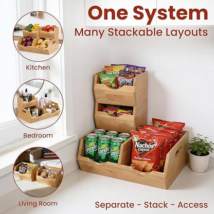 HOMESTEAD Stackable Solid Wood Storage Bins for Pantry & Countertop, Ventilated Potato and Onion Organizer with Handles, Wooden Produce Storage Containers (Natural)