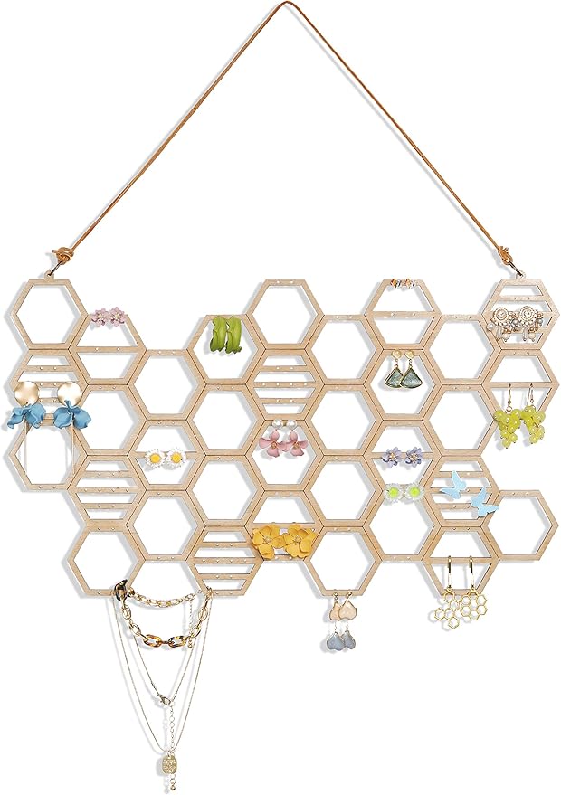 Heesch Hanging Earring Holder Honeycomb Earring Organizer Wall Mount Earring Display Wood Hanging Jewelry Organizer for Stud Earrings, Necklaces (Beech Wood Color)