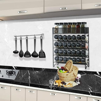Skiileor Spice Rack Organizer with 28 Spice Jars, Black Lids，Spice Labels, Chalk pen and Funnel Set for Cabinet, Countertop, Pantry, Cupboard or Wall Mount