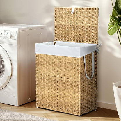 DUMOS Woven Laundry Basket with Lid, 90L Large Capacity Hamper, Removable & Machine-Washable Liner, Foldable Rattan Clothes Hamper, Sturdy Steel Frame, Odor Control, Goose Yellow