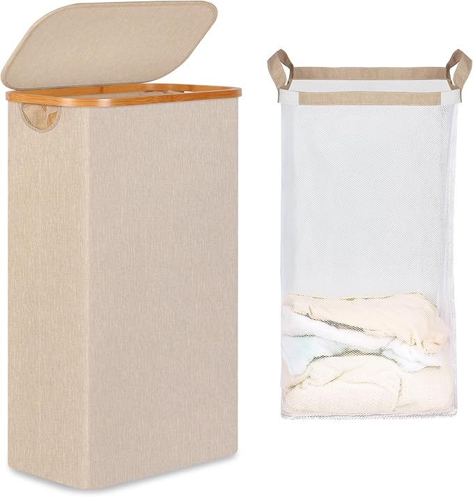 iEGrow 65L Slim Laundry Hamper, Narrow Laundry Basket with Lid,Foldable Clothes Hamper with Bamboo Handles,Hamper Basket with Removable Inner Bag for Laundry Room Bedroom College Dorm,Oatmeal